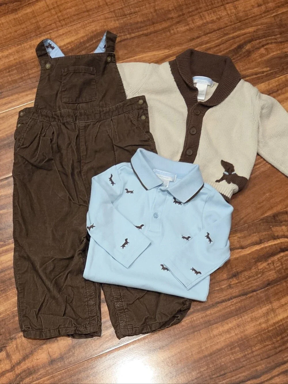 Janie and Jack EUC 6-12 Months Dachsund Bodysuit, Corduroy Overalls and Sweater